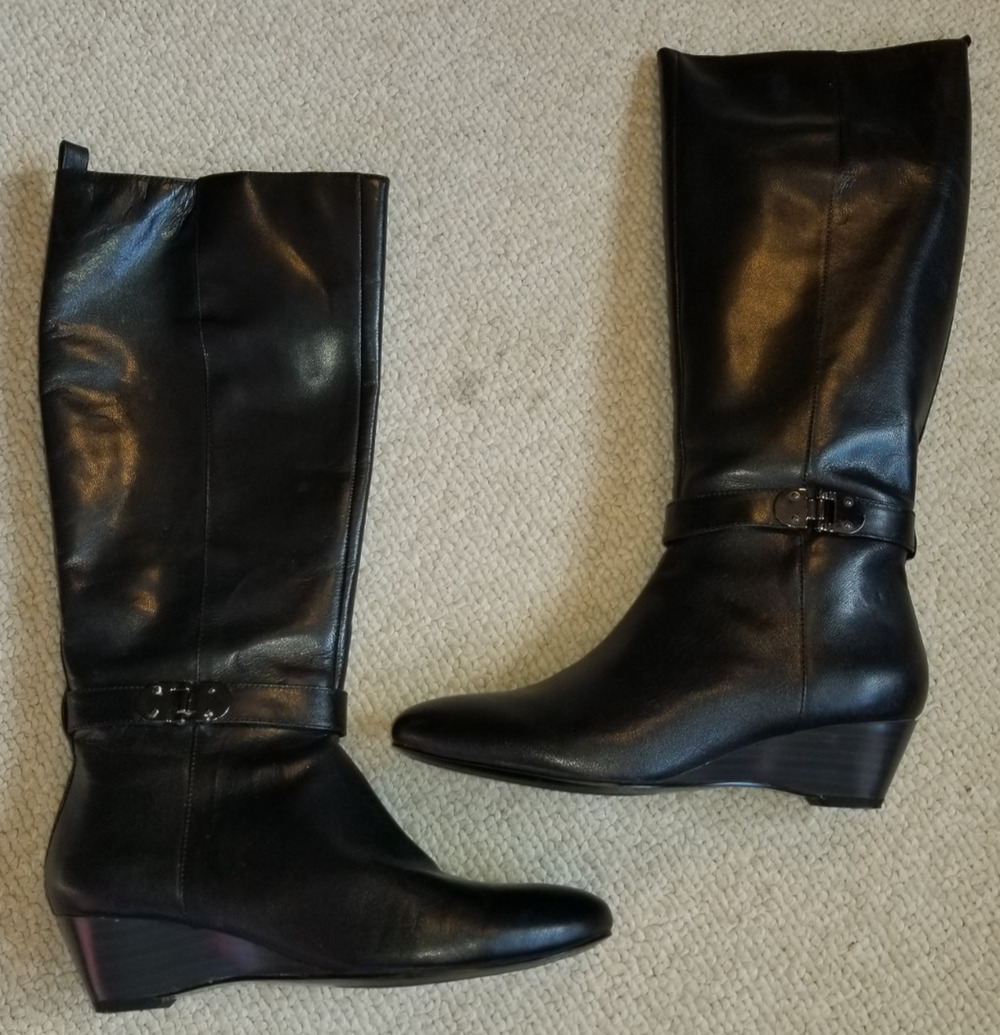 Womens Boots-BANDOLINO-black leather knee boots 'Bdadanna' wedged-6.5 M